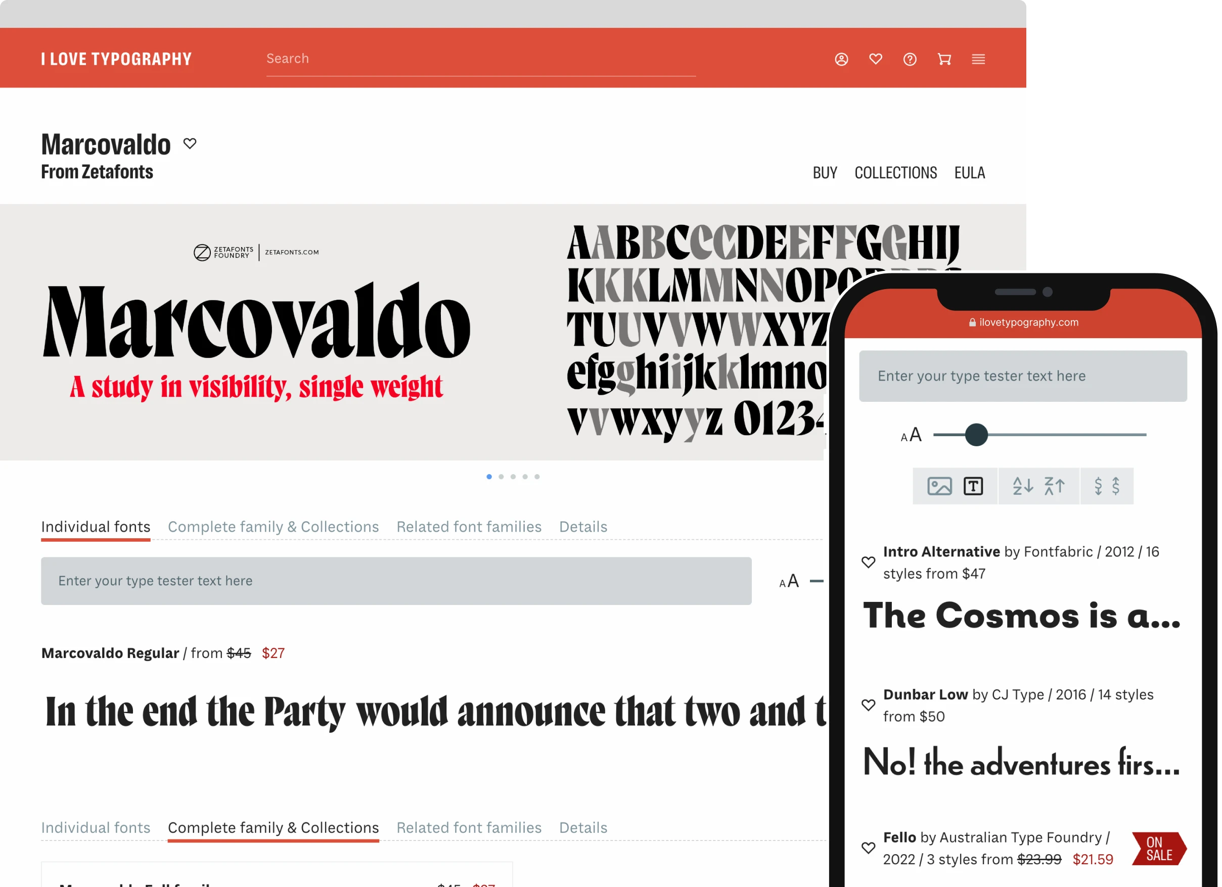 A desktop browser and smartphone displaying the I Love Typography website