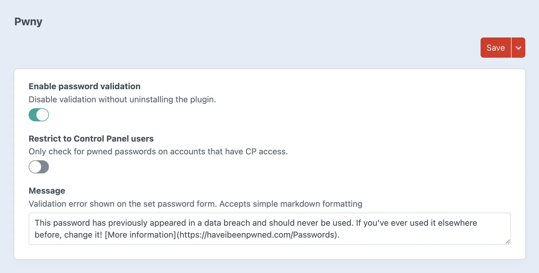 Pwny settings in Craft Control Panel