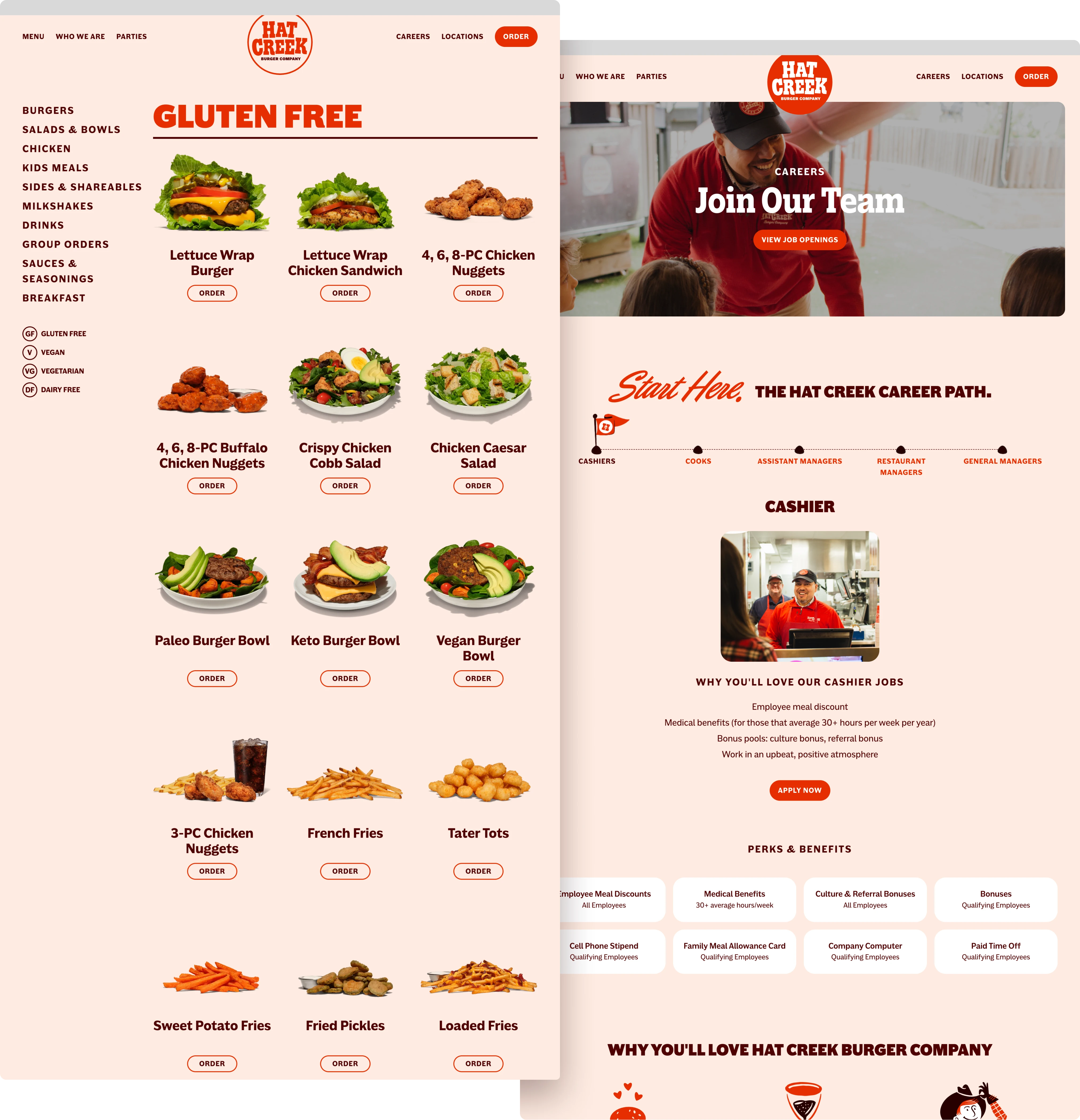 'Gluten free menu' and 'join our team' pages