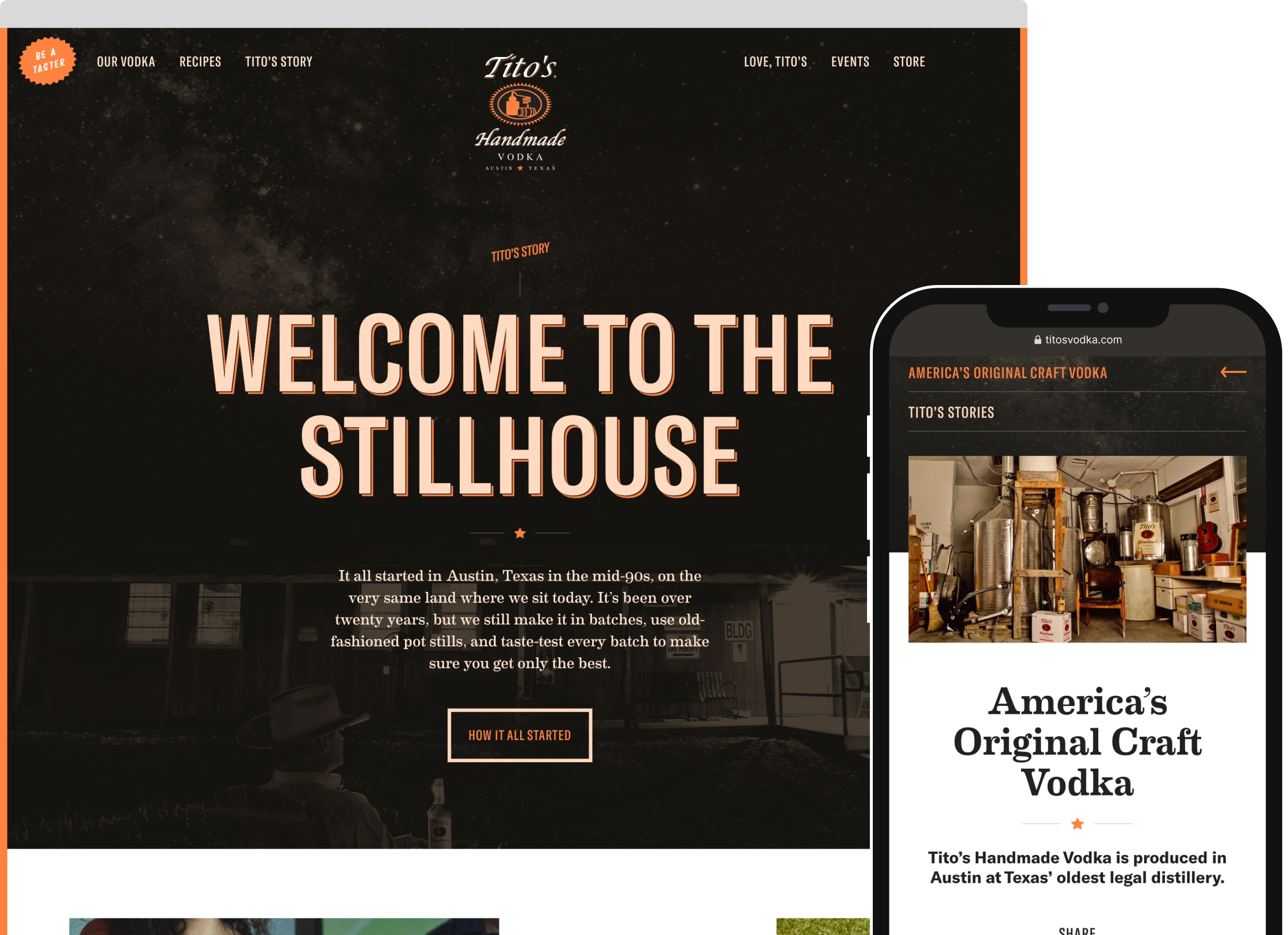 Desktop browser and smartphone displaying the Tito’s Handmade Vodka website
