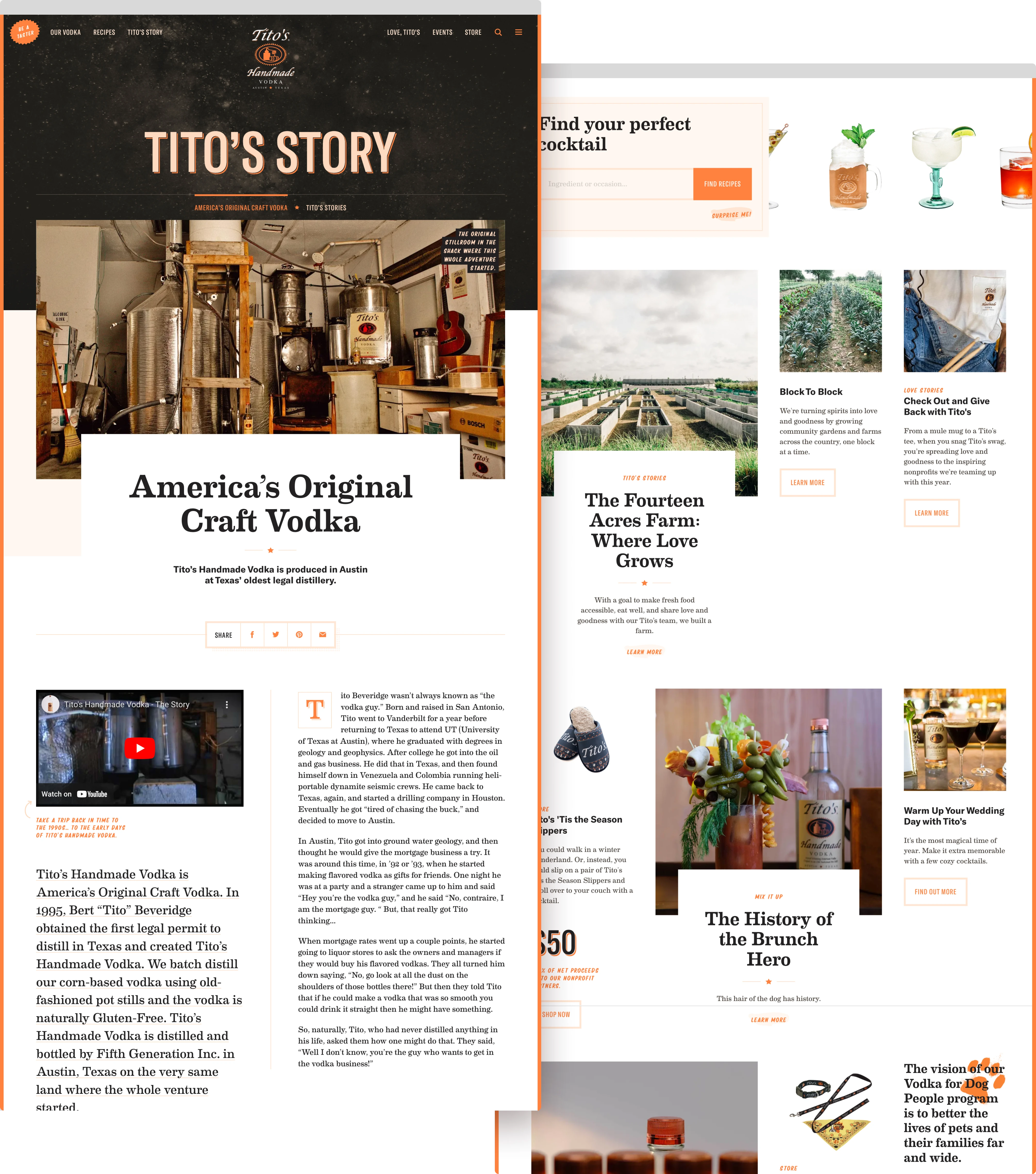 The Tito’s story and cocktail finder pages