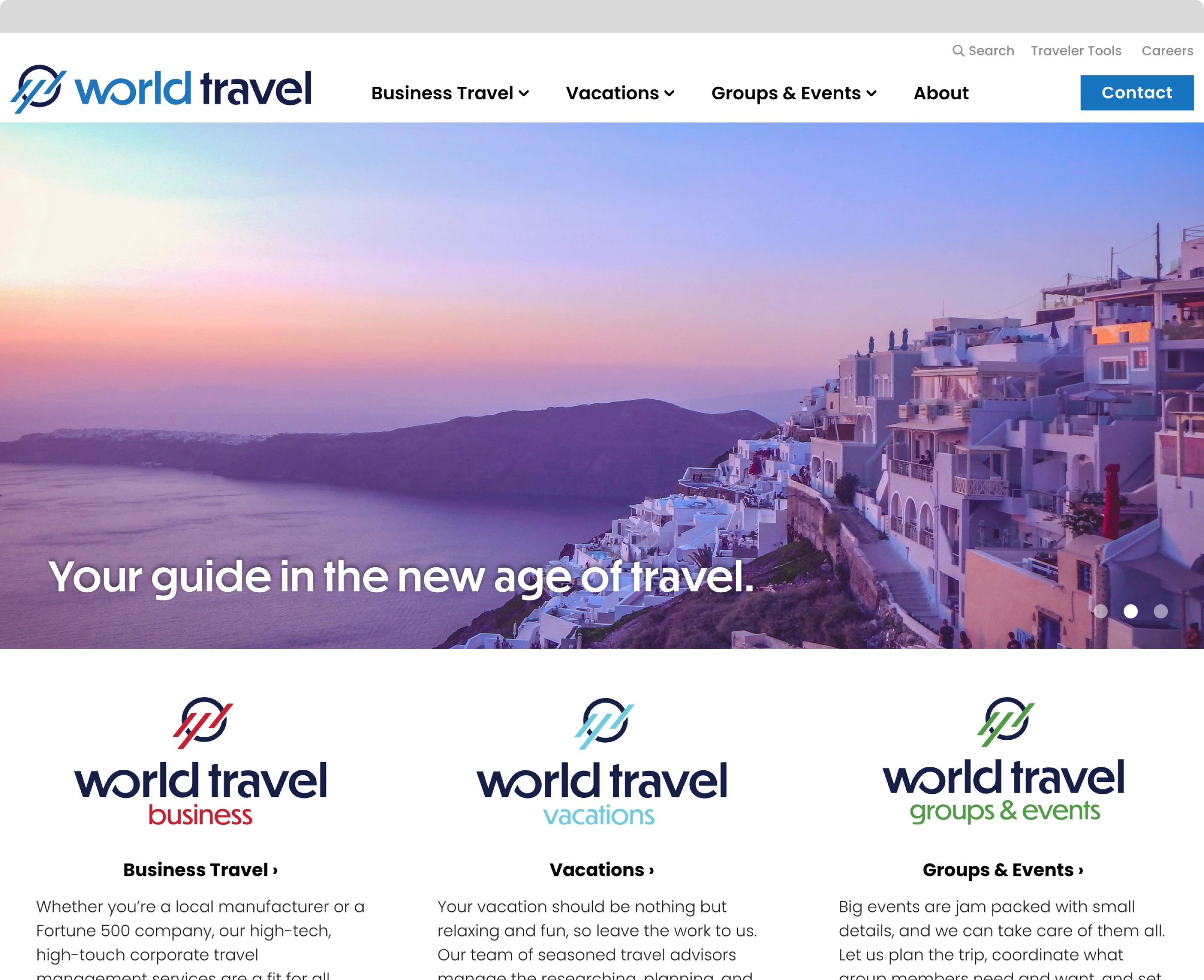 A desktop browser displaying the World Travel website homepage